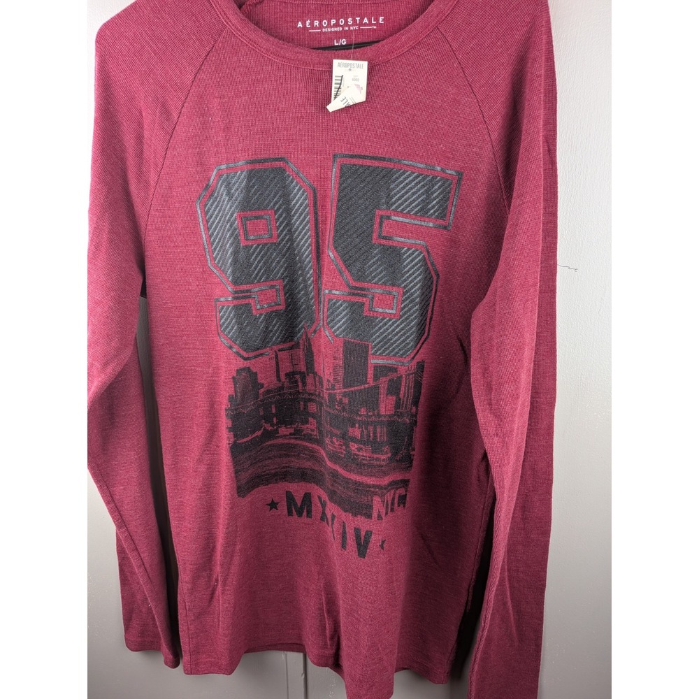 Aeropostale Mens Long Sleeve Thermal Shirt Burgundy Red NYC 95 Graphic Tee L - Picture 2 of 4